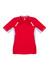 A red short sleeve t-shirt featuring white side detailing and a logo on the collar.