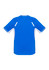 A blue short sleeve T-shirt with white accents and a logo on the back. Suitable for kids.