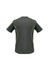 A dark grey T-shirt with green accents and a logo on the back. Designed for kids.