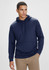 A navy men's hoodie with a front pocket and drawstring hood, featuring a logo on the chest.