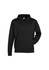 A black hooded jumper with a front pocket and a logo. Suitable for kids, featuring a relaxed fit.