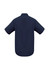 A navy blue men's button-up shirt with short sleeves and a collar, featuring a branding logo.