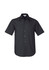 A short-sleeve black button-up shirt with a chest pocket and a logo on the collar.
