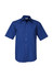 A short sleeve button-up shirt in a rich blue colour, featuring a chest pocket and a logo on the collar.