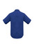 A men's short sleeve button-up shirt in navy blue, featuring a smooth back design and a logo.