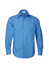A blue long sleeve button-up shirt featuring a single chest pocket and a collar. It has a logo on the label.