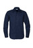 A navy long sleeve button-up shirt with a pocket and a logo on the chest.
