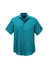 A teal short sleeve button-up shirt with a pocket and a logo on the chest.