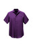A plain short sleeve shirt in a rich purple hue, featuring a button-up front and a subtle logo.