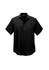 A black short sleeve button-up shirt with a pocket and a logo on the chest.