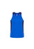A blue men's singlet with red and black side panels, featuring a branded logo.