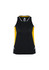 A black and yellow women's singlet featuring a logo, with a fitted design and contrasting side panels.