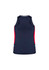 A navy singlet with red side panels and a racerback design, featuring a logo on the back.
