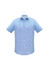 A light blue short sleeve button-up shirt with a pocket and a logo on the collar.