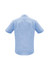 A light blue short sleeve button-up shirt with a back yoke and collar. Features a logo on the upper back.