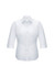 A white women's button-up shirt with 3/4 sleeves and a collar, featuring a logo on the label.