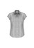 A women's short sleeve button-up shirt in a grey striped pattern, featuring a collar and a logo.