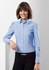 A women's long sleeve button-up shirt in light blue with vertical stripes, featuring a collar and fitted silhouette.