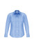 A light blue long sleeve button-up shirt with a collar and vertical stripes, featuring a logo on the label.