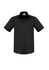 A black short sleeve button-up shirt with a single chest pocket and a collar. It features a logo.