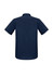 A navy short sleeve button-up shirt with a simple design and a logo on the back.