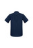 A navy blue short sleeve button-up shirt with a collar and a logo on the back.