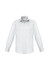 A white long sleeve button-up shirt with a collar and one chest pocket, featuring a logo.