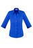 A blue ladies' button-up shirt with 3/4 sleeves and a fitted design. The shirt features a collar and buttons.