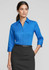 A blue 3/4 sleeve button-up shirt with a collar, styled with a black skirt. The shirt features a logo.