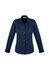 A women's long sleeve button-up shirt in navy blue with a fitted design and a collar. Features a logo.