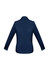 A women's long sleeve button-up shirt in navy blue, featuring a fitted design and a collar. It has a logo on the back.