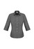 A women's button-up shirt featuring a black and white gingham pattern and 3/4 sleeves. The shirt has a logo.