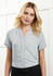 A light grey women's short sleeve button-up shirt with a v-neckline and rolled sleeves, featuring a logo.