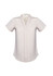 A short-sleeve women's button-up shirt in a light cream colour, featuring a v-neck design and rolled sleeves.