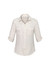 A women's long sleeve button-up shirt in cream, featuring two front pockets and rolled-up sleeves. It has a logo.
