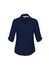 A navy blue women's button-up shirt featuring a collared neckline and roll-up sleeves. It has two chest pockets and branding.
