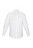 A white long sleeve button-up shirt featuring a chest pocket and a logo.