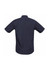 A navy blue short sleeve button-up shirt with a collar and a logo on the back.