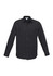 A long sleeve button-up shirt in black with two chest pockets and a logo on the sleeve.