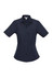 A navy short sleeve button-up shirt for women featuring two front pockets and a fitted design. 