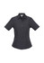 A women's short sleeve button-up shirt in dark grey with two chest pockets and a logo.