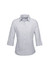 A women's button-up shirt in light grey with 3/4 sleeves and a collar, featuring a logo on the shirt.