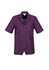 A short-sleeved overblouse in a deep purple hue, featuring a front pocket and a button-up design.
