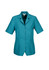A teal short-sleeve overblouse with a collar and a chest pocket, featuring buttons down the front and a logo.