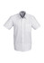 A short sleeve white button-up shirt featuring a single chest pocket and a logo on the collar.
