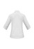 A white women's 3/4 sleeve button-up shirt with a collar and a logo.