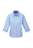 A light blue women's 3/4 sleeve button-up shirt with a collar and a logo on the chest.