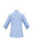 A light blue women's 3/4 sleeve button-up shirt with a collar and a logo on the back.