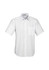 A white short sleeve button-up shirt featuring a single chest pocket and a logo.