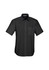 A short sleeve button-up shirt in black with a single chest pocket and a structured collar. Features a logo.